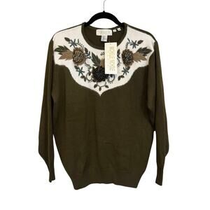 Michelle Nichole Sweater M Green Floral Aplique Beaded Wool Angora Pullover NWT